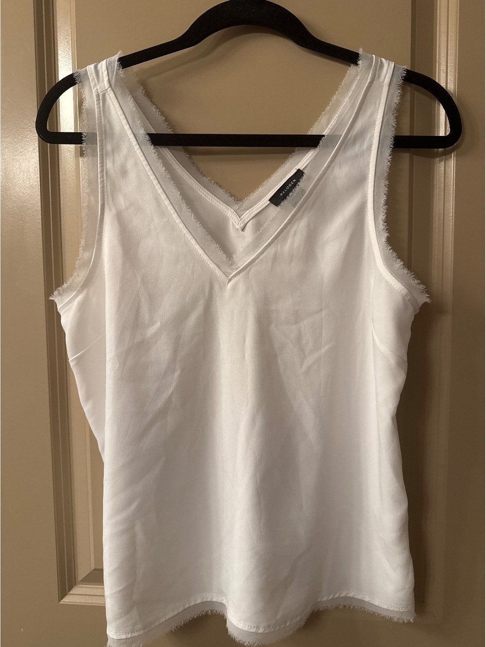 Halogen White Sleeveless V-Neck Top with Frayed Edges, Size Medium